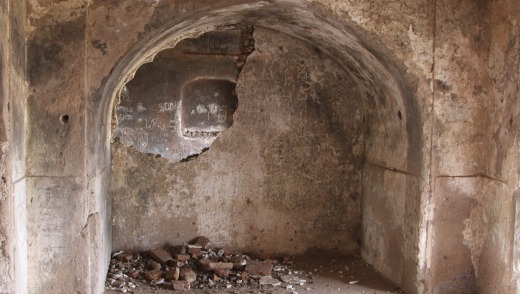 The rubble inside the ruins of a palace frequently visited by Mogul Queen Mumtaz Mahal in Burhanpur, India.