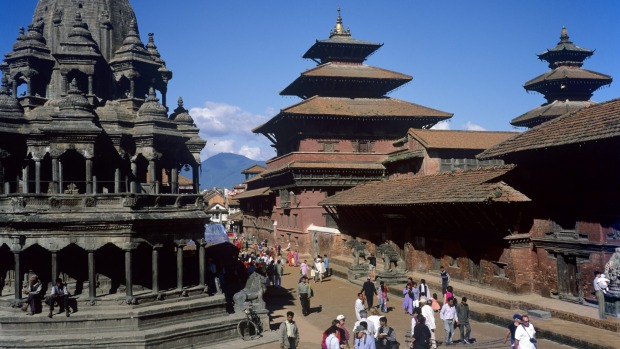 Pattans Durbar Square with Buddhist and Hindu Temples from the 17th Century, Kathmandu, Nepal.