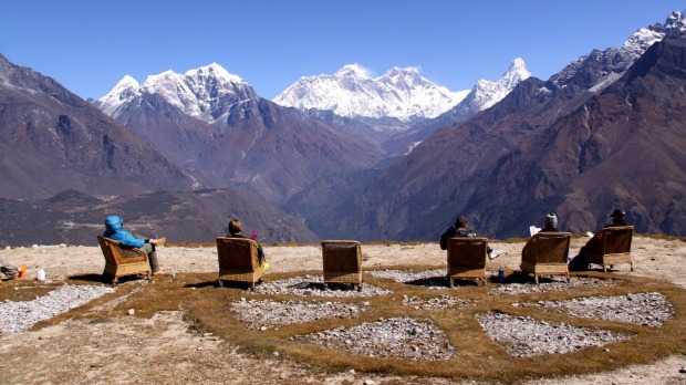 Best living room in the world: Climbers sit back and take in the view from Kongde.