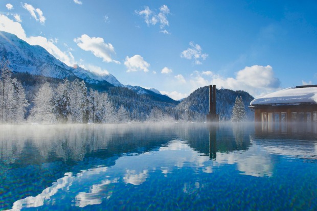 The high-altitude swim: Swimming amid the snowdrifts is one of the highlights of a winter visit to Schloss Elmau, the ...