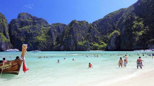 Maya Beach, featured in the famous novel and movie The Beach, is no paradise these days.