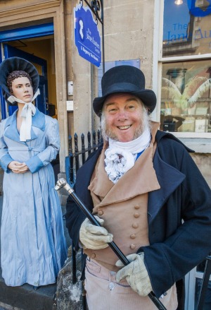 At the Jane Austen Centre entrance, greeter Martin Salter is known as "England's most photographed man".