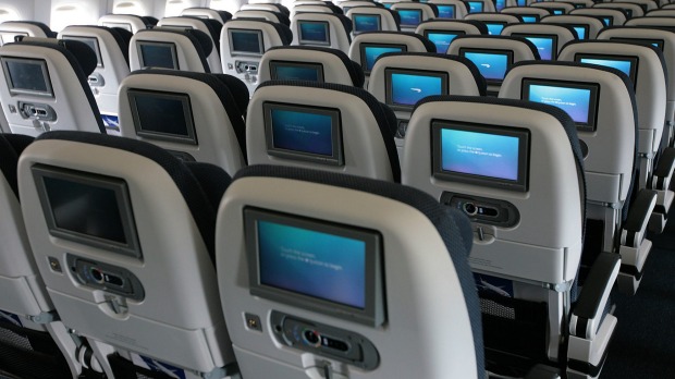 Rear view of economy class on British Airways Boeing 777-300ER.