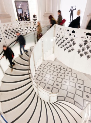 The spiral staircase inside the main foyer of the Tate Britain art gallery in London.