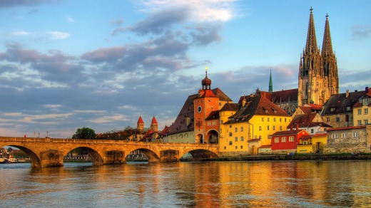 Regensburg sits on the confluence of the Danube, Naab and Regen rivers in Germany.
