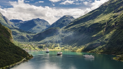 A cruise ship visits Norway's Geirangerfjord.