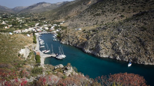 The hill above the village of Vathi on the Greek island of Kalymnos offers a wonderful aspect to the narrow fjord.