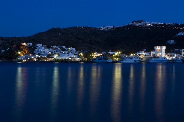 The main town on the island of Patmos, Greece, comes alive in the evening, with bars and restaurants skirting the ...