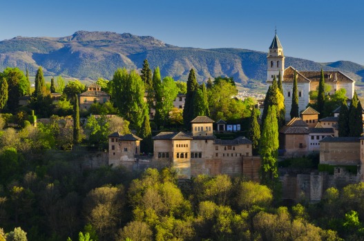 Alhambra Palace and Sierra Nevada mountains, Granada, Spain.