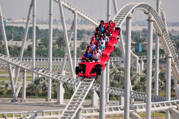 The fastest roller coaster in the world at 240 mph, Ferrari World on Yas Island, Abu Dhabi, United Arab Emirates.