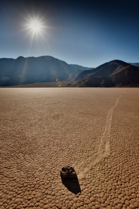 Moving rock on salt flats at The Racetrack in Death Valley National Park in California.
