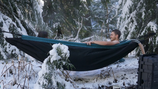 The Hydro Hammock being used as a suspended hot tub.