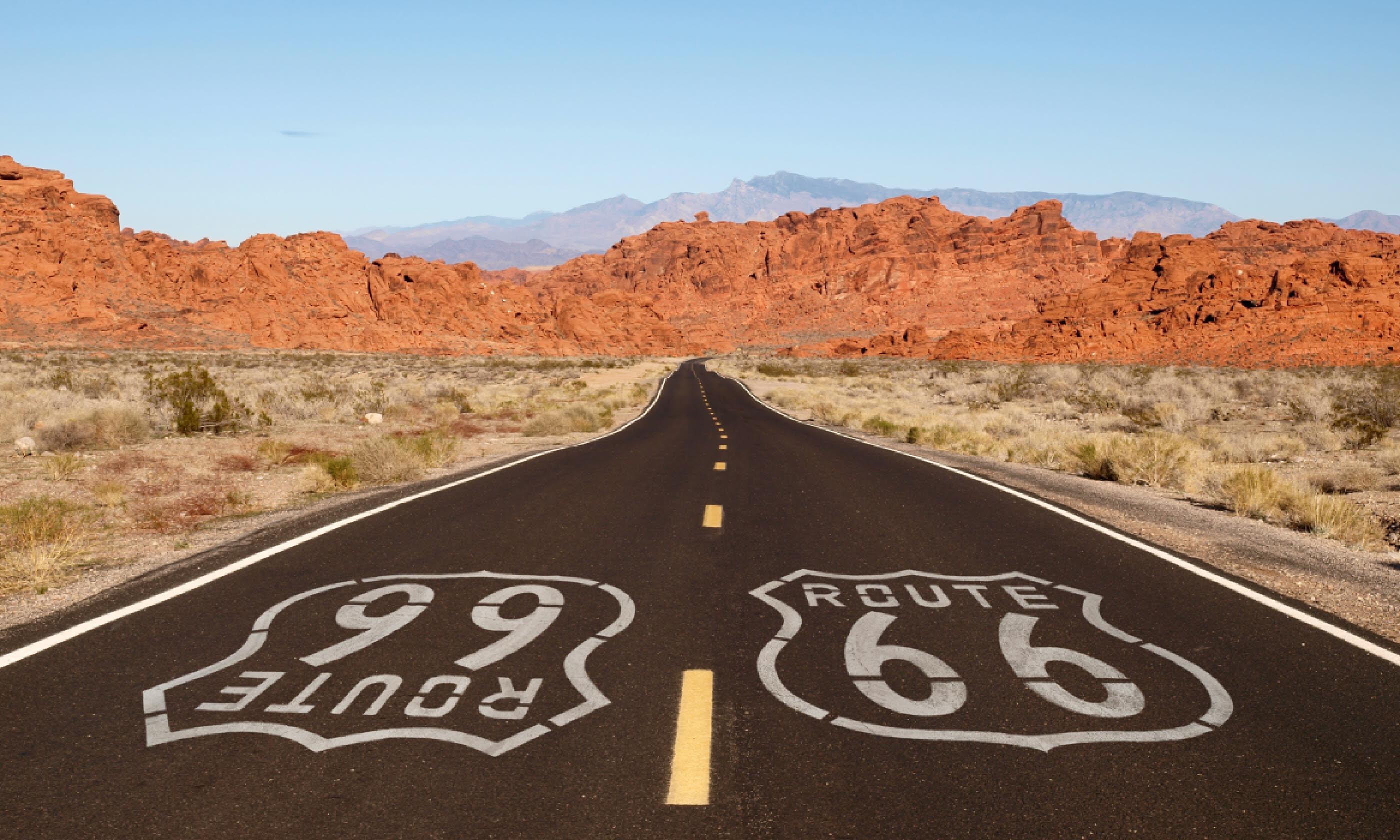 Route 66 pavement sign (Shutterstock: see credit below)