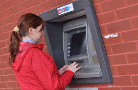 atm machine automated teller woman card withdrawal bank