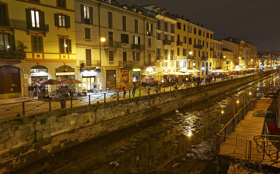 Vibrant canal district of Milan at night