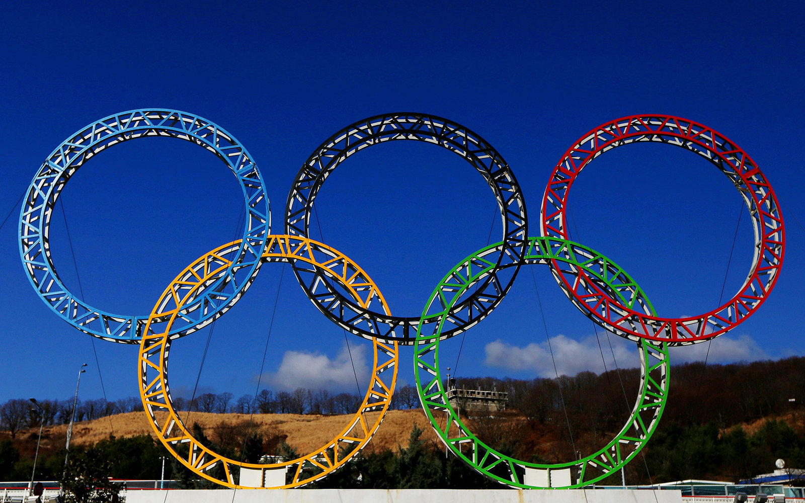 ADLER, RUSSIA - JANUARY 08:  The Olympic Rings stand outside of Sochi International Airport on January 8, 2014 in Alder, Russia. The region will host the Sochi 2014 Winter Olympics which start on February 6th, 2014.  (Photo by Michael Heiman/)