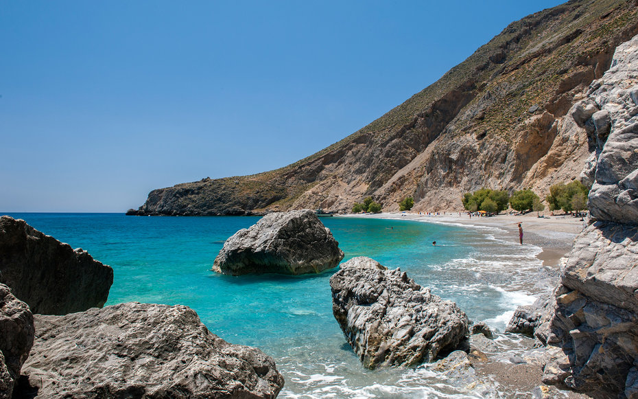 HORA SFAKION, CRETE, GREECE - 2014/05/21: View of secluded Sweetwater Beach between the villages of Hora Sfakion and Loutro on the southern coast of the Greek island of Crete. (Photo by Leisa Tyler/LightRocket via )