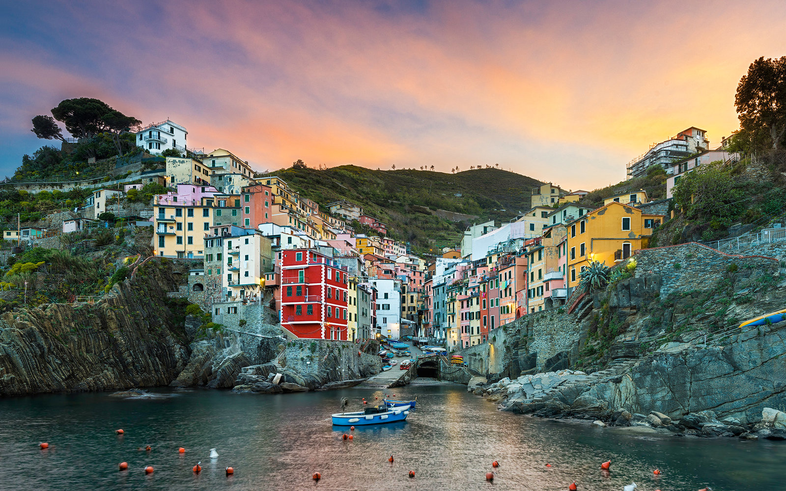 Italy, Cinque Terre, Riomaggiore, Townscape at sunset